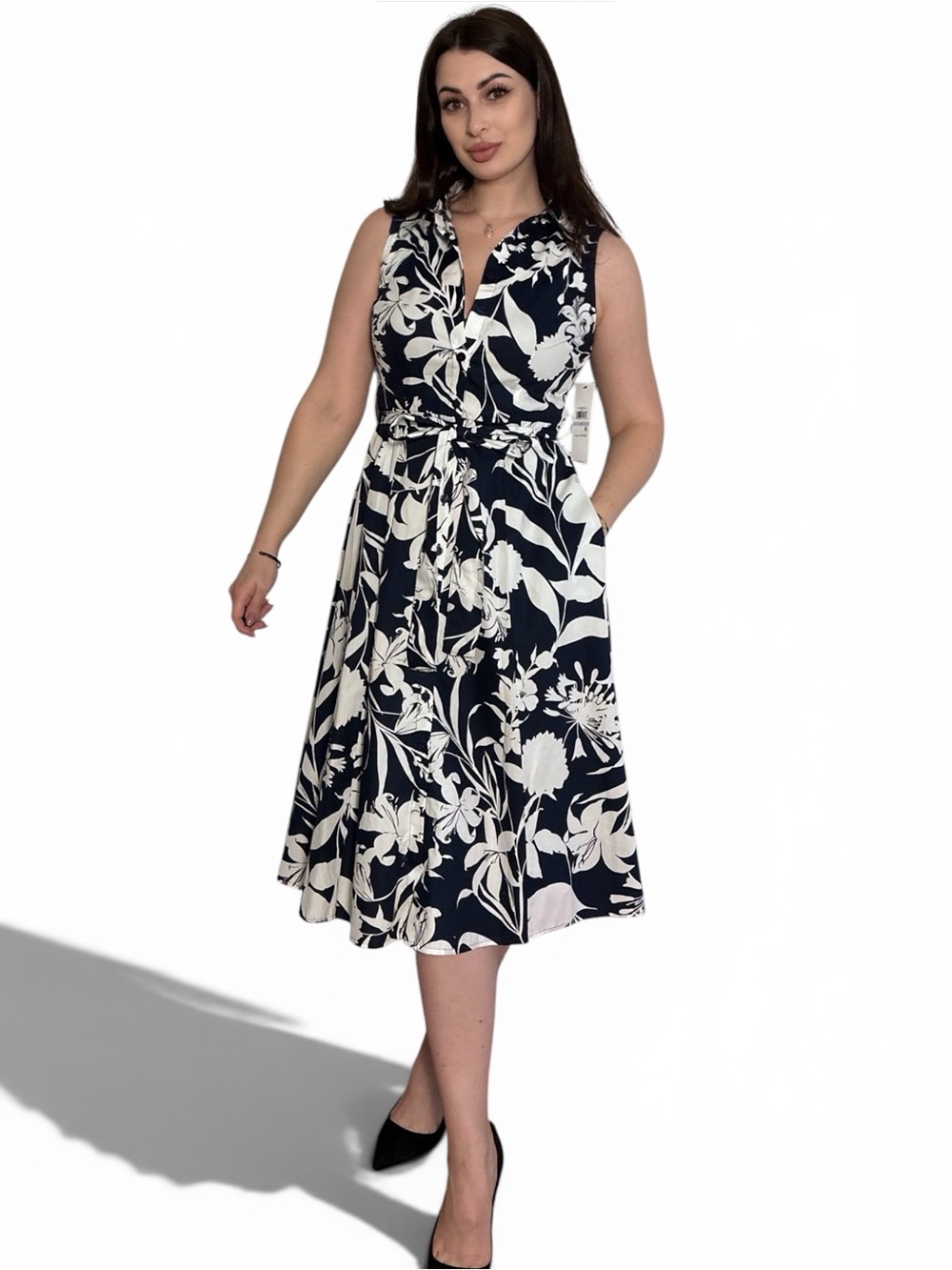 NWT Calvin Klein Navy White Floral Midi Shirt Dress Size 6
